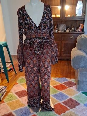 Jaase Rust and Black Floral Boho Wide-Leg Jumpsuit